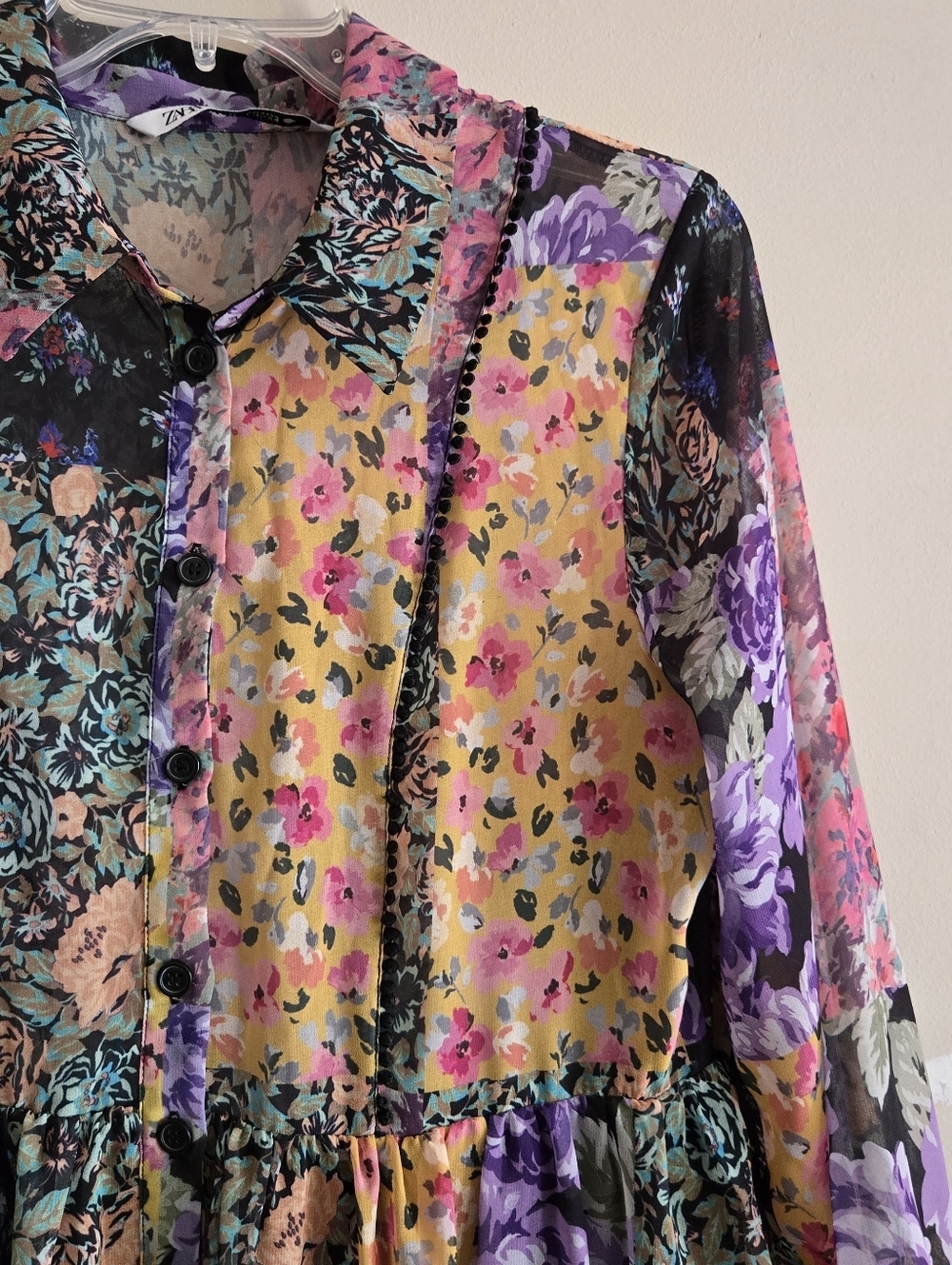Zara Amelia Floral Patchwork Longsleeve Button Down Mini Dress Size Medium - Picture 3 of 15